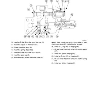 May include: Detailed technical diagram of a mechanical component, featuring various parts labeled with numbers. The diagram includes instructions for assembly, such as installing O-rings, caps, and valves. The image is a black and white illustration.