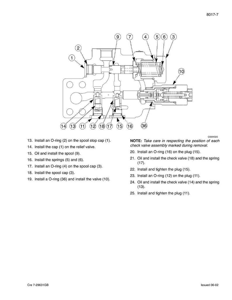 May include: Detailed technical diagram of a mechanical component, featuring various parts labeled with numbers. The diagram includes instructions for assembly, such as installing O-rings, caps, and valves. The image is a black and white illustration.