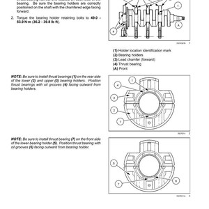 May include: Diagram of an engine crankshaft and flywheel assembly, with labels for main bearings, bearing holders, and thrust bearings. Includes torque specifications in lb-ft and a front view diagram.