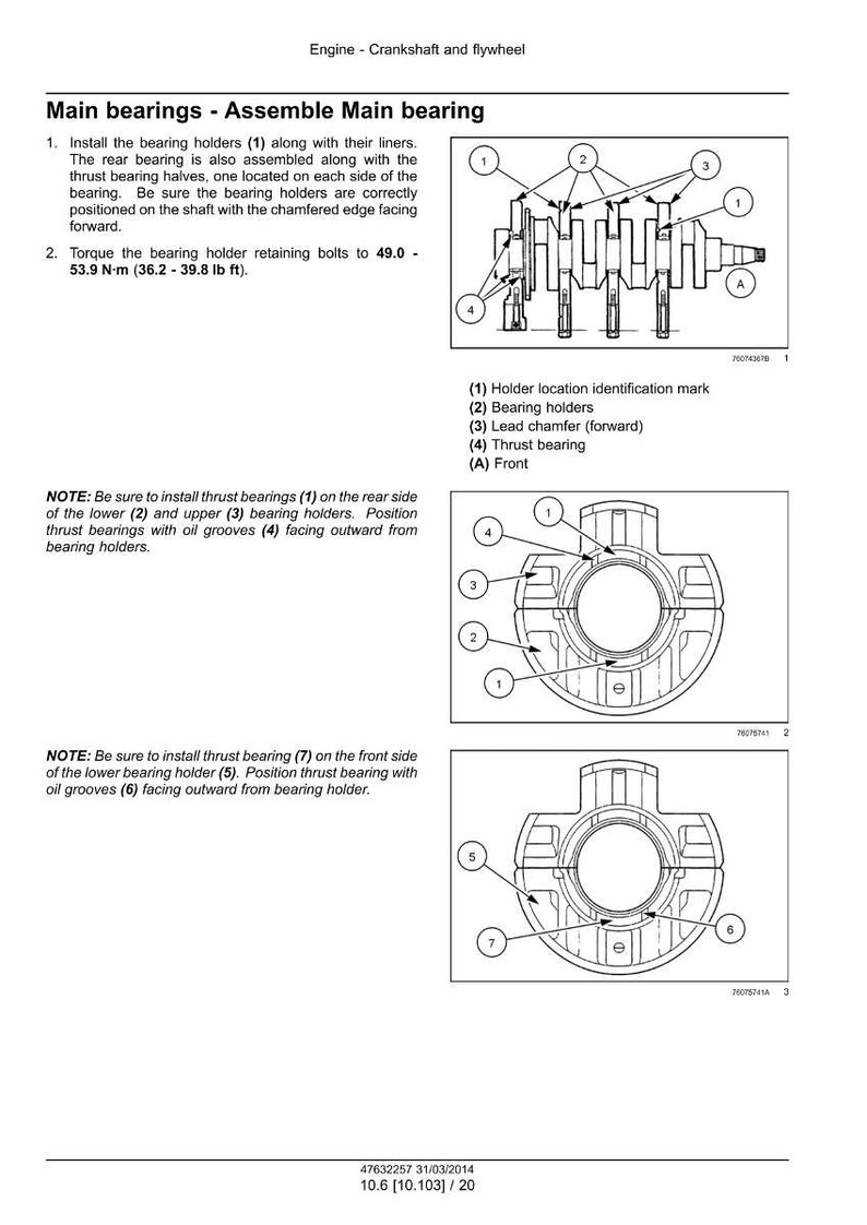 May include: Diagram of an engine crankshaft and flywheel assembly, with labels for main bearings, bearing holders, and thrust bearings. Includes torque specifications in lb-ft and a front view diagram.