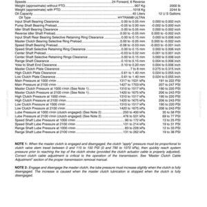 May include: Specifications chart with metric and US values. Includes measurements for speeds, weight, oil capacity, and various pressures. Features values in both metric and imperial units, such as pounds, gallons, and inches.
