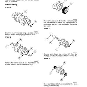 Op de afbeelding: Zwart-wit diagram van een demontageproces van een mechanisch onderdeel, met genummerde stappen en gelabelde onderdelen. De tekst bevat instructies voor het reviseren en vervangen van versleten onderdelen.