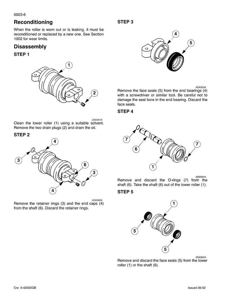 Op de afbeelding: Zwart-wit diagram van een demontageproces van een mechanisch onderdeel, met genummerde stappen en gelabelde onderdelen. De tekst bevat instructies voor het reviseren en vervangen van versleten onderdelen.