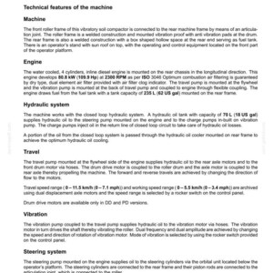 May include: Specifications for a vibratory soil compactor, detailing the machine's technical features. Includes information on the engine, hydraulic system, travel speed (0-7.1 mph), and vibration mechanisms. The document also covers the steering and electrical systems.