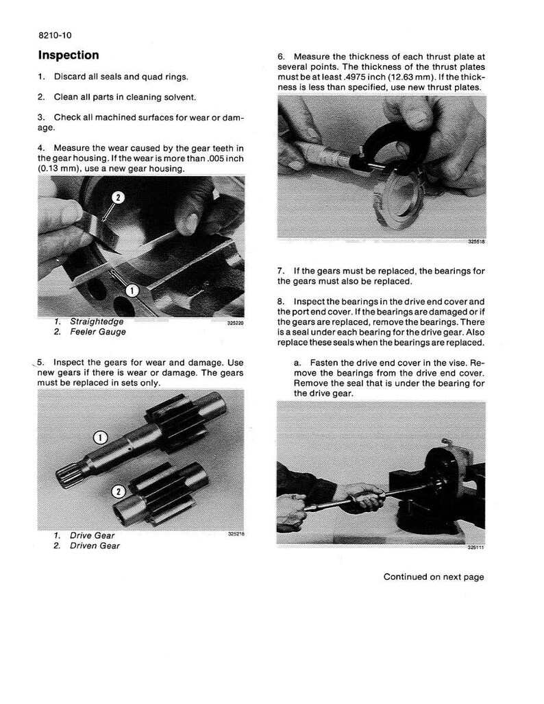 May include: A page from an inspection manual with instructions and diagrams for mechanical components. The page includes text, images of tools, and gear components. Measurements are provided in inches (1 inch = 2.54 cm).
