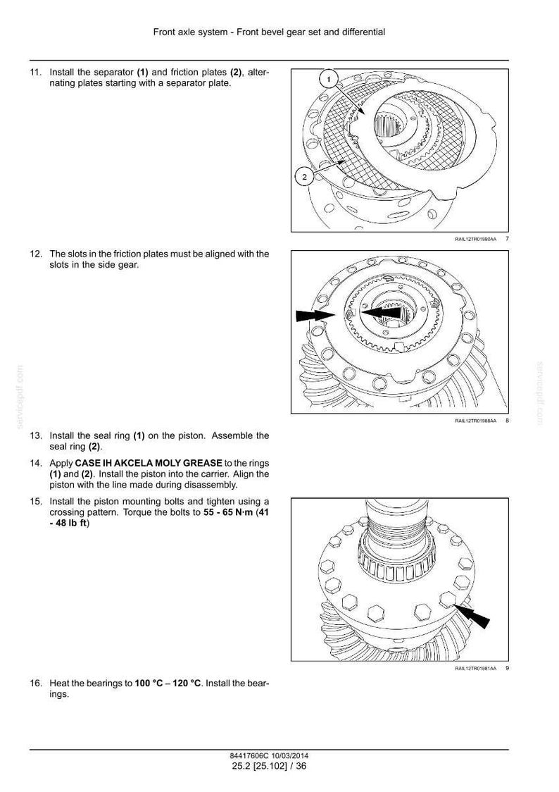 May include: Diagram of a front axle system with a front bevel gear set and differential. The image includes detailed illustrations of the assembly process, with numbered components and instructions for installation and torque specifications.