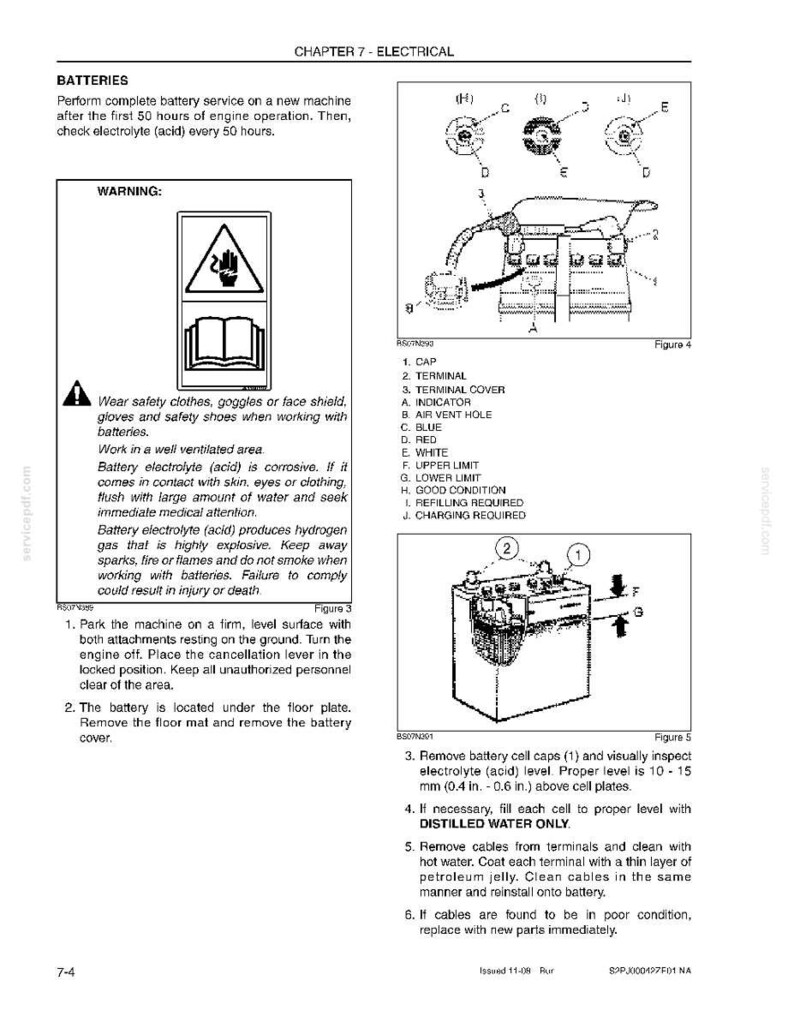 Peut inclure: Page d'un manuel avec des instructions sur l'entretien des batteries. Il comprend des consignes de s&eacute;curit&eacute;, des sch&eacute;mas de pi&egrave;ces de batterie et des &eacute;tapes pour v&eacute;rifier les niveaux d'&eacute;lectrolyte. Mesures en millim&egrave;tres.