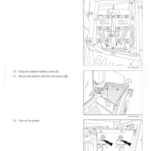 May include: Diagram of electrical systems, specifically the battery. The image shows how to connect cables and secure the platform battery cover. Includes text instructions and numbered labels for each step.