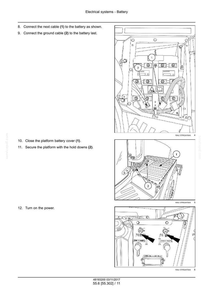 May include: Diagram of electrical systems, specifically the battery. The image shows how to connect cables and secure the platform battery cover. Includes text instructions and numbered labels for each step.