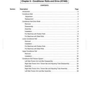 May include: A contents page from a manual, titled "SECTION 58 - ATTACHMENTS/HEADERS" and "Chapter 6 - Conditioner Rolls and Drive (H7460)". The document lists various sections, descriptions, and corresponding page numbers, including topics like "Introduction", "Conditioner Belt", and "Installation".
