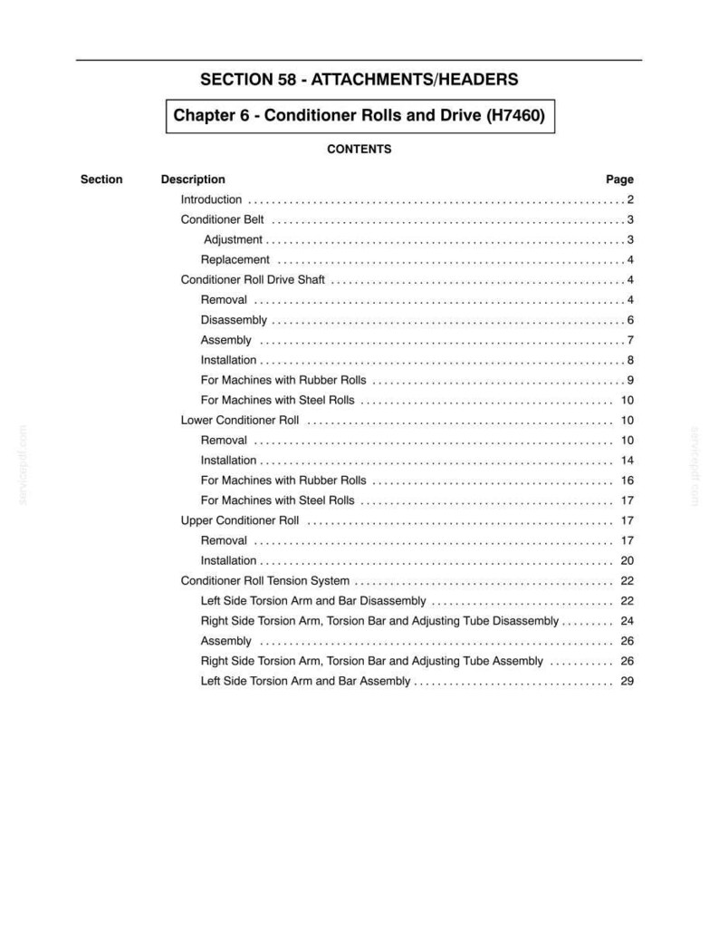 May include: A contents page from a manual, titled "SECTION 58 - ATTACHMENTS/HEADERS" and "Chapter 6 - Conditioner Rolls and Drive (H7460)". The document lists various sections, descriptions, and corresponding page numbers, including topics like "Introduction", "Conditioner Belt", and "Installation".