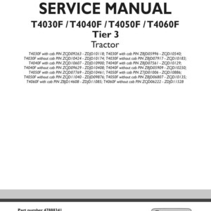 Puede incluir: Una portada de manual de servicio blanca con el t&iacute;tulo "SERVICE MANUAL" y los n&uacute;meros de modelo de los tractores T4030F, T4040F, T4050F y T4060F. El manual es para tractores Tier 3. Incluye una lista de n&uacute;meros de pieza y el logotipo de New Holland Agriculture.