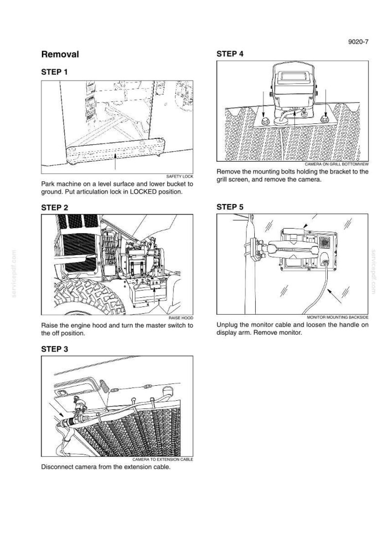 May include: Diagram of a machine disassembly process, with numbered steps and detailed illustrations. Includes instructions for removing components like the camera, monitor, and engine hood. Text labels provide guidance for each step.
