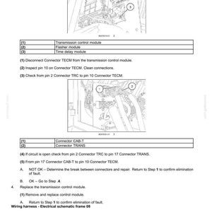 May include: Diagram of a transmission control module with labeled components and wiring instructions. Includes steps for inspection and repair, with connector details and troubleshooting guidance. Text includes "Wiring harness - Electrical schematic frame 08."