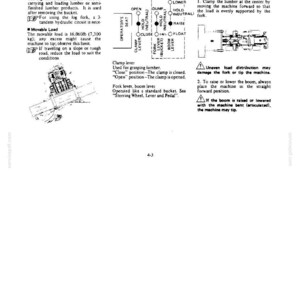 May include: A technical manual page titled Log Fork detailing operation instructions, control lever diagrams, and safety warnings for heavy machinery. It includes text about load limits of 16,060lb and diagrams for clamp, fork, and boom lever functions.