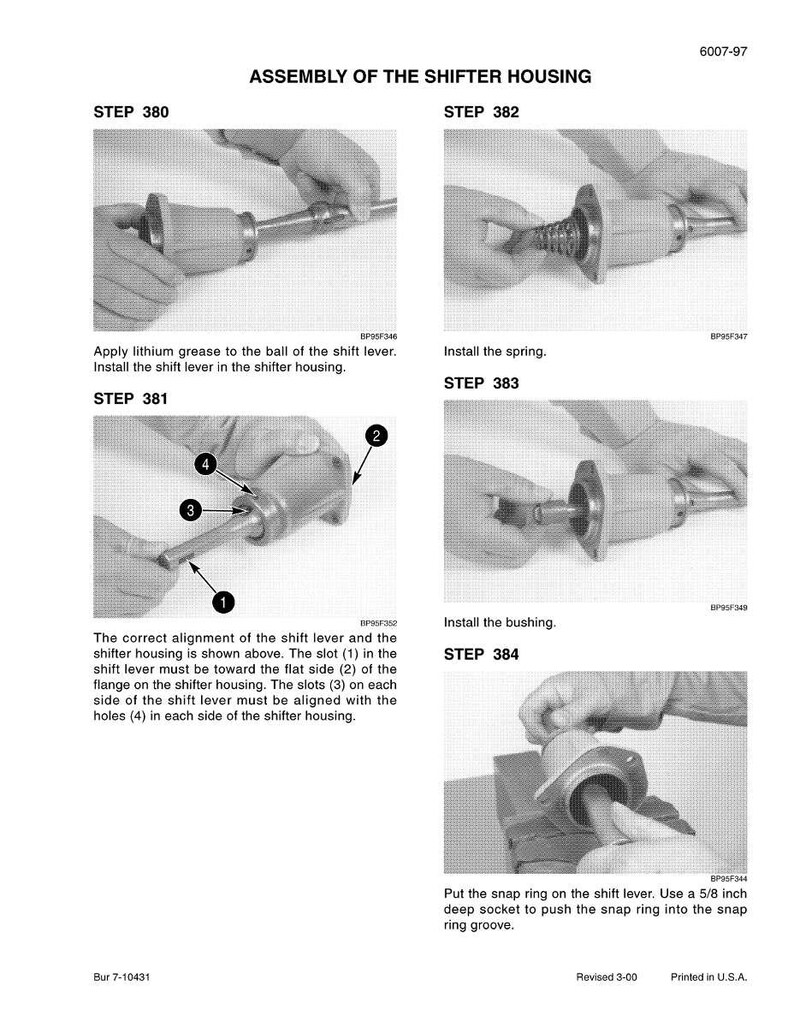 May include: Assembly instructions for a shifter housing, with step-by-step illustrations. The images show the process of installing the shift lever, spring, bushing, and snap ring. Text includes instructions and part numbers.