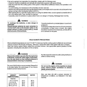 May include: A page from a manual with instructions for long-term machine storage, including steps for cleaning, lubrication, and battery maintenance. It also includes cold climate precautions and a table of antifreeze mixtures.