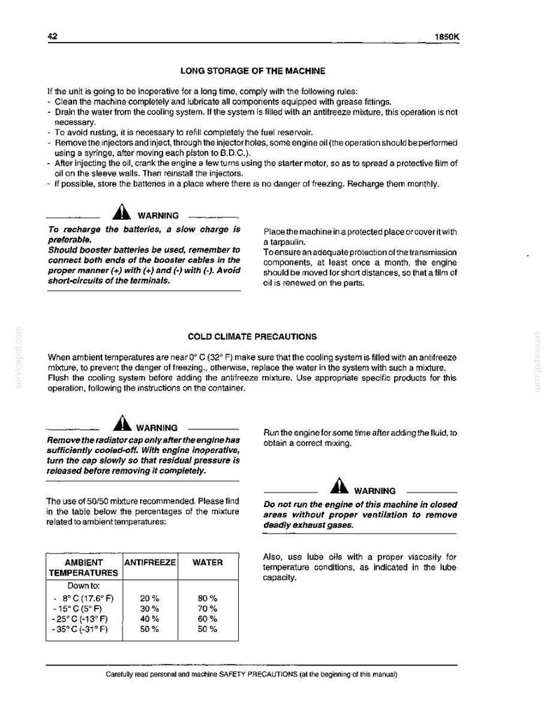 May include: A page from a manual with instructions for long-term machine storage, including steps for cleaning, lubrication, and battery maintenance. It also includes cold climate precautions and a table of antifreeze mixtures.