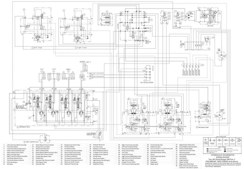 Op de afbeelding: Een gedetailleerd zwart-wit hydraulisch schema met talrijke onderling verbonden componenten, lijnen en labels. Het schema bevat tekst en symbolen die de interne werking van een systeem illustreren. Het schema is gelabeld "Hydraulisch schema 200M Series Tier 2".