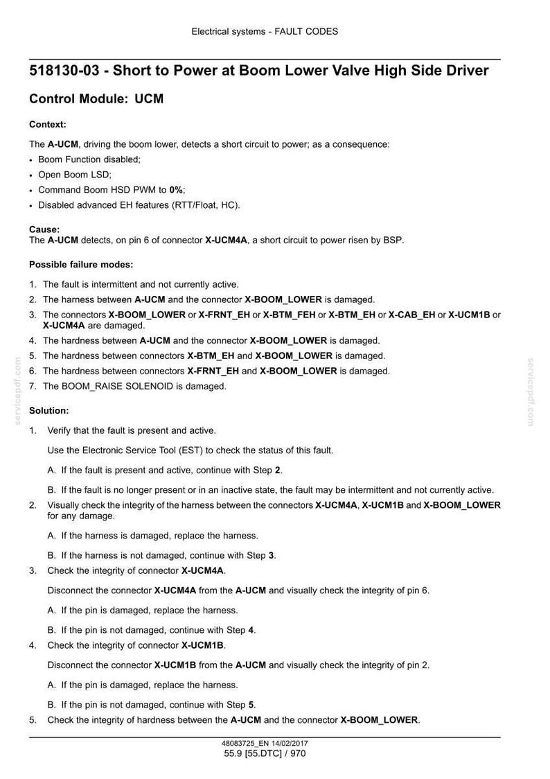 May include: A technical document titled "Electrical systems - FAULT CODES" with troubleshooting steps for a short circuit issue. The document details possible failure modes, solutions, and connector checks. Includes text and diagrams.