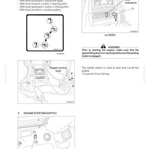 May include: A technical manual page for a D350 machine featuring diagrams of the ripper control lever and engine starting switch. It includes text instructions for lever operations, safety warnings regarding gear shifting, and key ignition details.