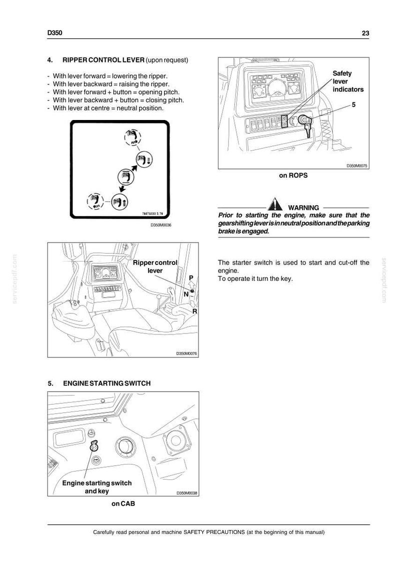 May include: A technical manual page for a D350 machine featuring diagrams of the ripper control lever and engine starting switch. It includes text instructions for lever operations, safety warnings regarding gear shifting, and key ignition details.