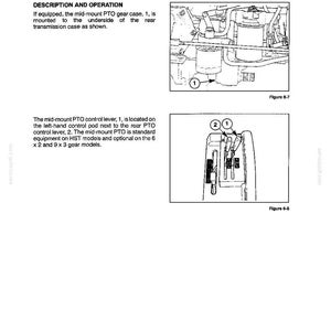 May include: A technical manual page titled SECTION 6 - POWER TAKE-OFF SYSTEMS. It features two black and white line drawings: Figure 6-7 showing a mid-mount PTO gear case labeled 1, and Figure 6-8 showing control levers labeled 1 and 2.