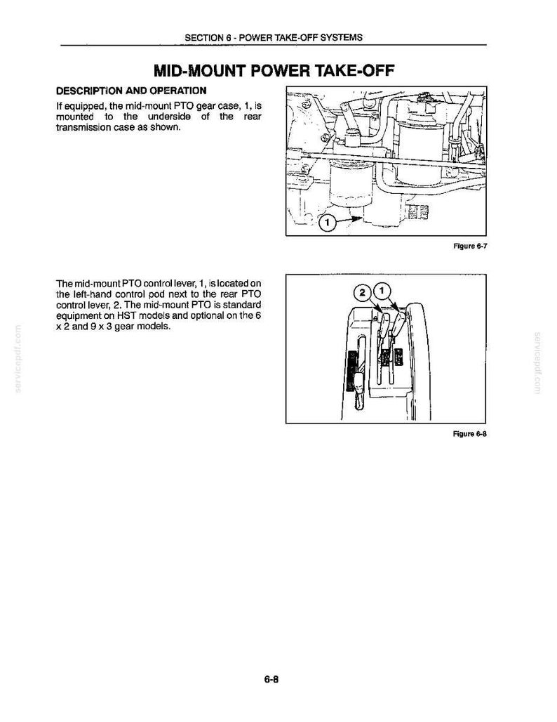 May include: A technical manual page titled SECTION 6 - POWER TAKE-OFF SYSTEMS. It features two black and white line drawings: Figure 6-7 showing a mid-mount PTO gear case labeled 1, and Figure 6-8 showing control levers labeled 1 and 2.