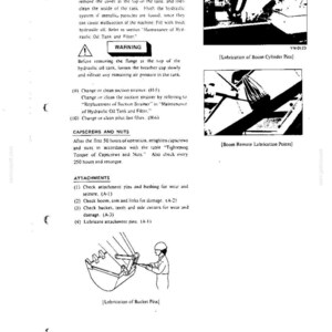 Peut inclure: Une page de manuel technique pr&eacute;sentant des sch&eacute;mas en noir et blanc et des instructions textuelles pour l'entretien de machines lourdes. Elle comprend des sections sur le nettoyage du r&eacute;servoir d'huile hydraulique et la lubrification.