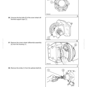 May include: Diagrams from a manual showing steps for front axle mechanical transmission repair. The images show various components, including a brake piston, bolts, and a crown wheel-differential assembly. Text includes section and chapter titles.