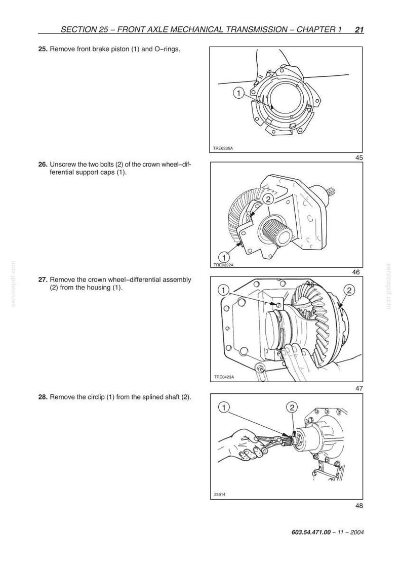 May include: Diagrams from a manual showing steps for front axle mechanical transmission repair. The images show various components, including a brake piston, bolts, and a crown wheel-differential assembly. Text includes section and chapter titles.