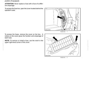 May include: Diagram of a car's fuse box, with instructions on how to access and replace fuses. The image includes illustrations of the fuse box location and how to remove the cover. Text provides safety instructions and guidance.