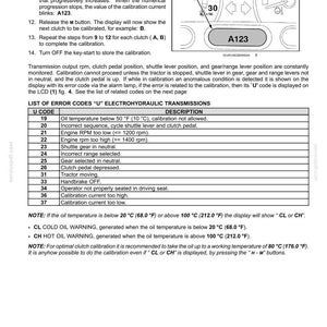May include: A technical manual page titled 3-CONTROLS AND INSTRUMENTS, featuring instructions for clutch calibration, a diagram of a digital display showing A123, and a table listing U-code error descriptions for electrohydraulic transmissions.