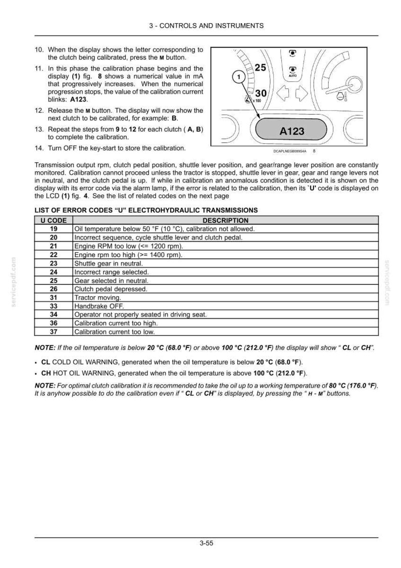 May include: A technical manual page titled 3-CONTROLS AND INSTRUMENTS, featuring instructions for clutch calibration, a diagram of a digital display showing A123, and a table listing U-code error descriptions for electrohydraulic transmissions.