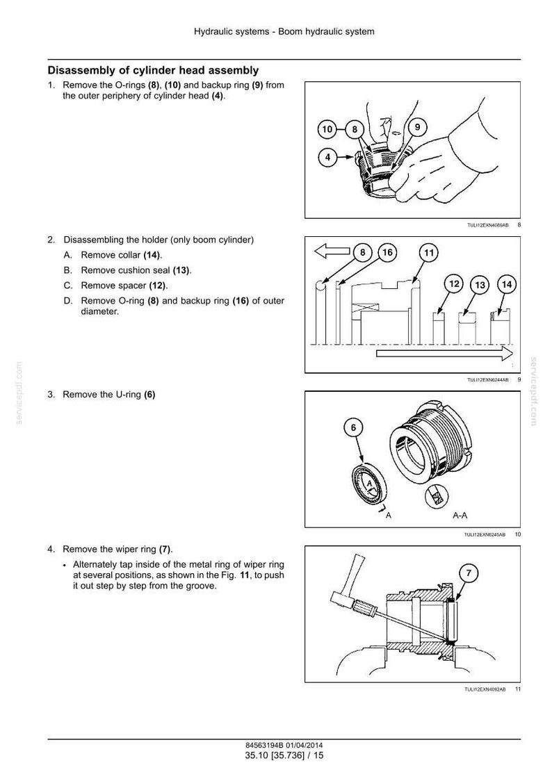 May include: Diagram illustrating the disassembly of a cylinder head assembly, with numbered components and arrows indicating steps. Includes close-up views of O-rings, U-rings, and other parts. Text explains each step.