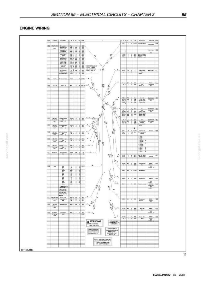 May include: Diagram of engine wiring, featuring a detailed schematic with lines, symbols, and text. The document includes the title "ENGINE WIRING" and the text "SECTION 55 - ELECTRICAL CIRCUITS - CHAPTER 3". The page number is 85.