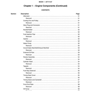 May include: A printed page from a manual, titled "SECTION 10 - ENGINE." The table of contents lists engine components like the alternator, fuel injection pipe, and water pump, with corresponding page numbers. The text is black on a white background.