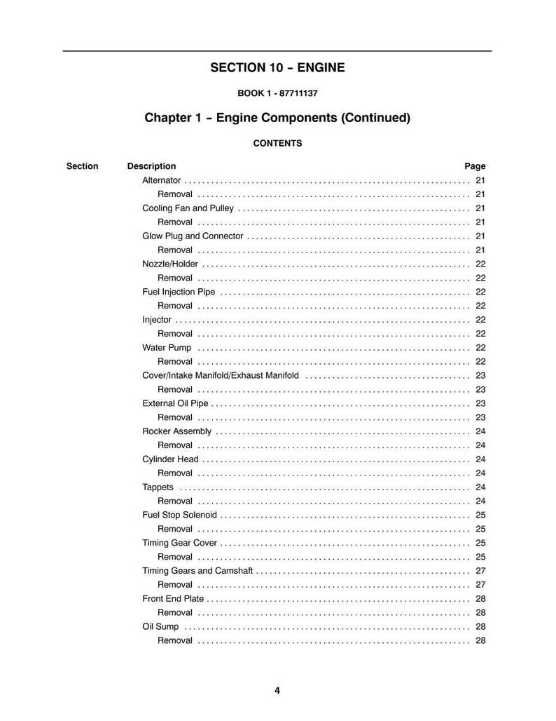 May include: A printed page from a manual, titled "SECTION 10 - ENGINE." The table of contents lists engine components like the alternator, fuel injection pipe, and water pump, with corresponding page numbers. The text is black on a white background.