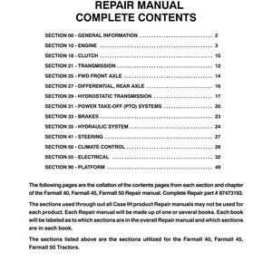 May include: A printed contents page from a repair manual for Farmall 40, 45, and 50 tractors. Sections include engine, transmission, brakes, and electrical systems. The manual is from 2008.