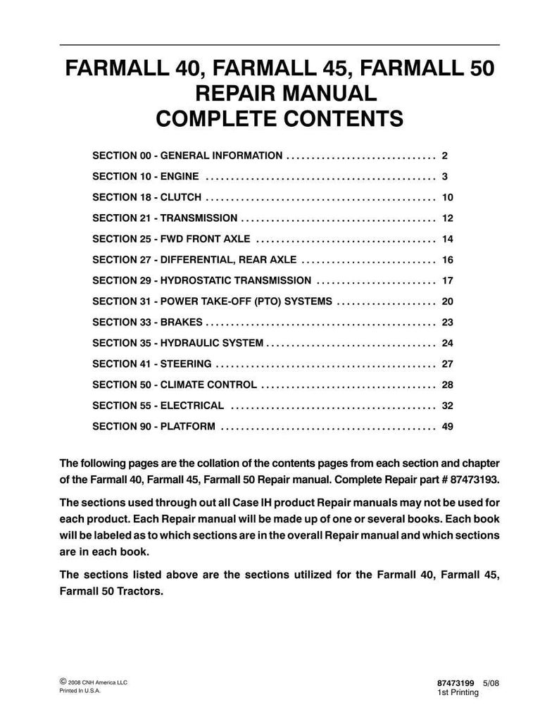 May include: A printed contents page from a repair manual for Farmall 40, 45, and 50 tractors. Sections include engine, transmission, brakes, and electrical systems. The manual is from 2008.