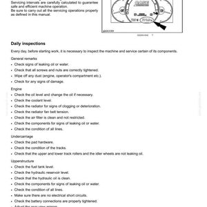 May include: A page from a maintenance manual, featuring a gauge cluster diagram with the CASE logo and a time of 12:37. The manual details daily inspection procedures, including engine, undercarriage, upperstructure, and attachment checks.