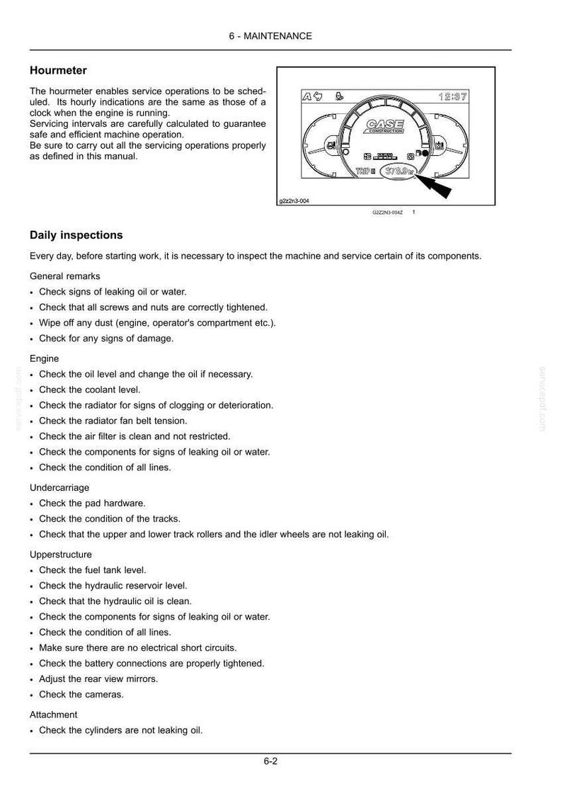 May include: A page from a maintenance manual, featuring a gauge cluster diagram with the CASE logo and a time of 12:37. The manual details daily inspection procedures, including engine, undercarriage, upperstructure, and attachment checks.