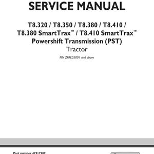 May include: A white service manual cover with the title "SERVICE MANUAL" in bold black letters. Below, it lists tractor models T8.320 through T8.410, including SmartTrax models. The New Holland Agriculture logo is in the bottom right.