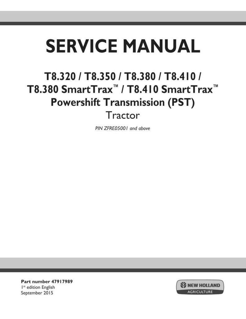 May include: A white service manual cover with the title "SERVICE MANUAL" in bold black letters. Below, it lists tractor models T8.320 through T8.410, including SmartTrax models. The New Holland Agriculture logo is in the bottom right.