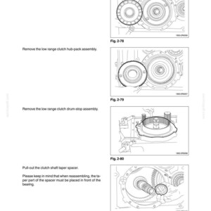 May include: Diagrams from a manual showing transmission components. The images include labeled parts such as the low range clutch piston assembly, hub-pack assembly, and drum-stop assembly. Text includes "DC150.B" and "TRANSMISSION".