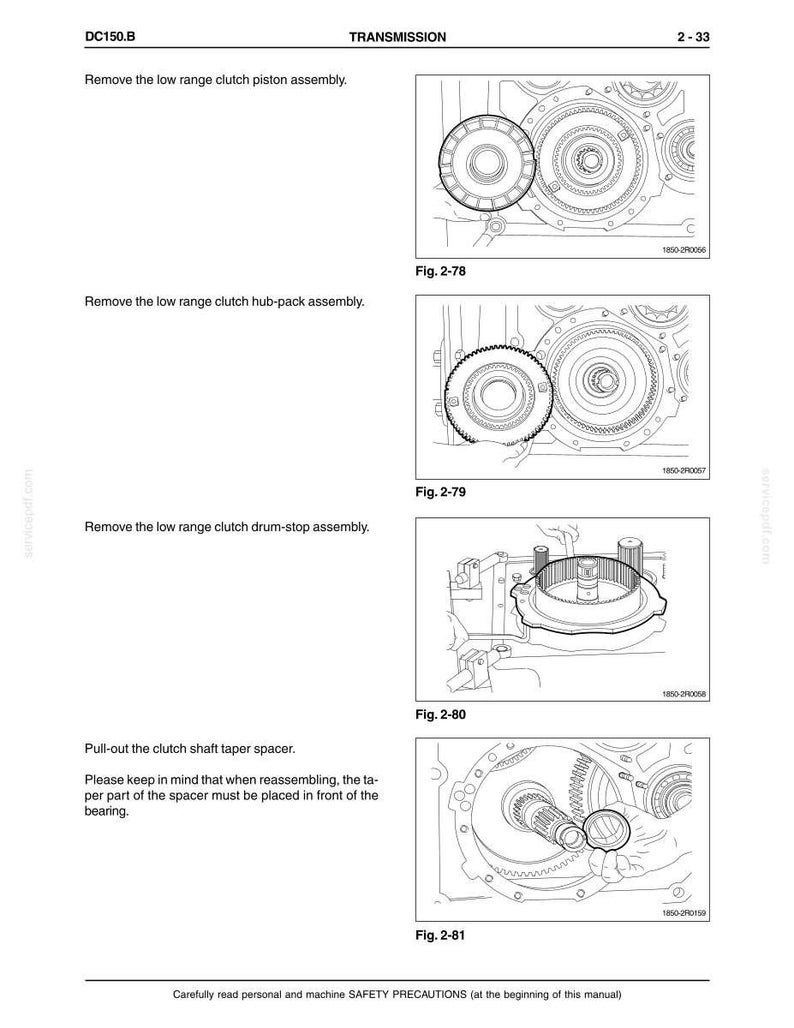 May include: Diagrams from a manual showing transmission components. The images include labeled parts such as the low range clutch piston assembly, hub-pack assembly, and drum-stop assembly. Text includes "DC150.B" and "TRANSMISSION".