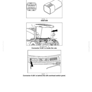 May include: Diagram of electrical system components, including a mirror control switch (84807268) and connector X-261. The diagram shows the location of the connector inside the cab and behind the left overhead switch panel.