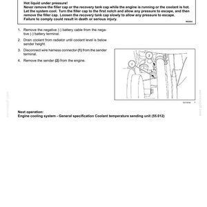 May include: Diagram illustrating the removal of an engine coolant temperature sensor. The image includes a warning about hot liquid under pressure and numbered steps for the removal process. The diagram shows the location of the sender and connector.