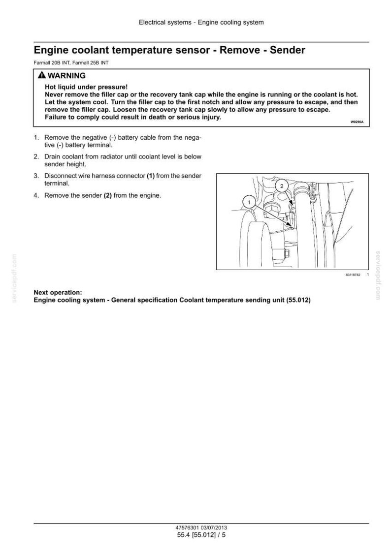 May include: Diagram illustrating the removal of an engine coolant temperature sensor. The image includes a warning about hot liquid under pressure and numbered steps for the removal process. The diagram shows the location of the sender and connector.