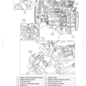 May include: Detailed diagram of an engine section layout, labeled with various components such as sensors, valves, and the starter motor. The diagram includes a close-up view of specific engine parts.
